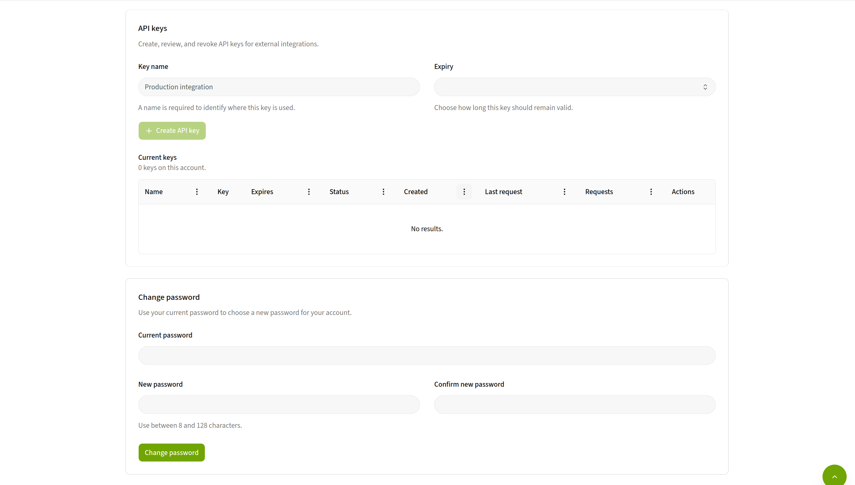 The Profile → API Keys page in the ECO Portal: a Key name input filled with my-epd-key, an Expiry dropdown set to 30 days, a green Create API key button, and a table of current keys below.